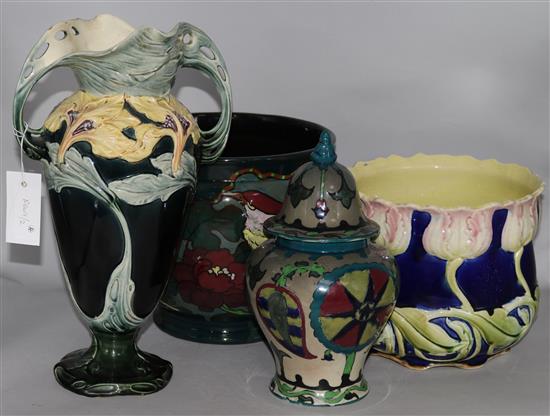 A Royal Cauldon lidded vase, 2 handled vase and 2 jardinieres